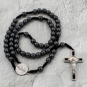 Saint St Benedict Black Hematite Bead Rosary 6mm, 12" Corded w/ Medal & Crucifix
